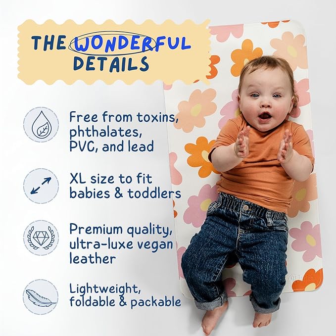 Portable Changing Mat with Reusable Waterproof Wet Bag, (16 x 30 Inches) Baby Changing Mat, Non-Toxic Changing Pad Portable Folds and Wipes Clean, Baby Changing Pad Travel (Floral)