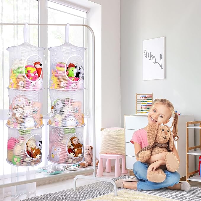 Basumee Stuffed Animals Net or Hammock 2 Pcs Stuffed Animals Storage Toy Net Hammock for Plushies Storage Organizer Mesh Kids Girls Room Decor, White, 3 Tiers