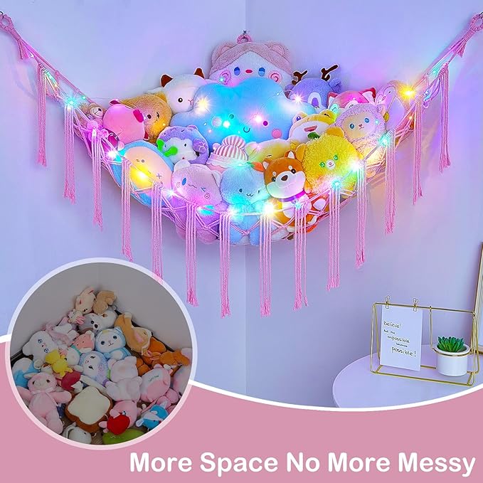 Basumee Stuffed Animals Net or Hammock with LED Light, Hanging Stuffed Animals Storage Toy Hammock Net Corner Wall Girls Room Decor Toy Storage Organizer, Pink, L
