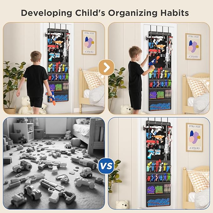 Mefirt Over The Door Organizer for Toy Guns, Toys Storage Door Hanger with Pockets and Slots for Kids Foam Blasters, Darts, Goggles, Over Door Toys Storage Organizer, for Kids Rooms, Game Rooms, Gray
