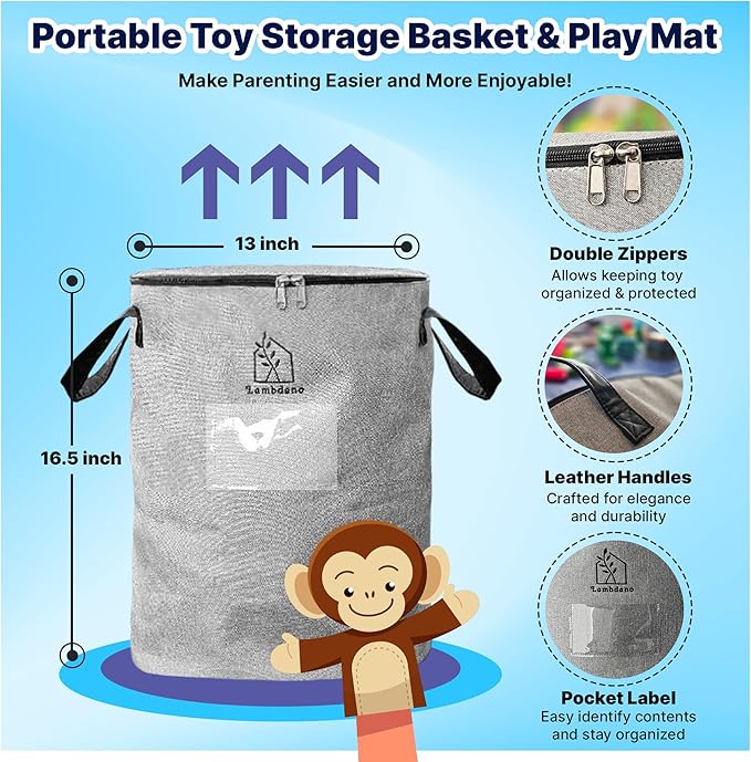Portable Toy Storage Basket & Play Mat with Pocket Label - 9.3 Gallon Toy Organizer - Leather Handles, 60" Playmat - Toy Bag for Boys & Girls, Playroom, Grey