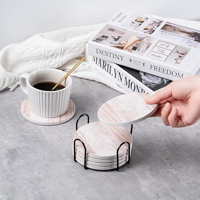 Hoewina 6Pcs Drink Coasters with Holder, Marble Style Ceramic Drink Coaster, Absorbent Coasters Set Suitable for Kinds of Cups, Modern Style Coasters for Coffee Table, 4 Inches（Natural）