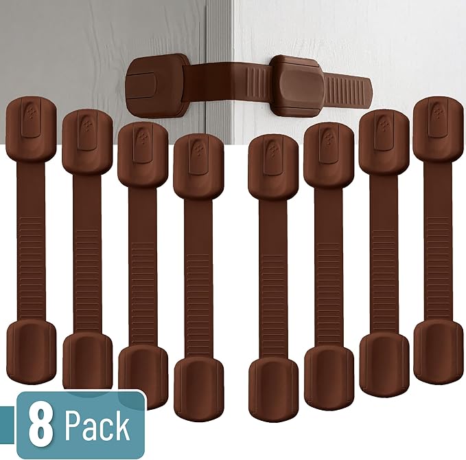 Bates- Child Safety Strap Locks, 8 Pack, Brown, Baby Cabinet Locks with Adjustable Strap Length