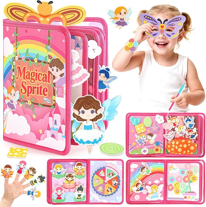 22 in 1 Busy Book for Toddlers 1-3-Sprite Montessori Toy Busy Board for 1 Year Old with Fishing Game, Educational Sensory Quiet Toy, Airplane Car Travel Essential Valentines Birthday Easter Gift Girl