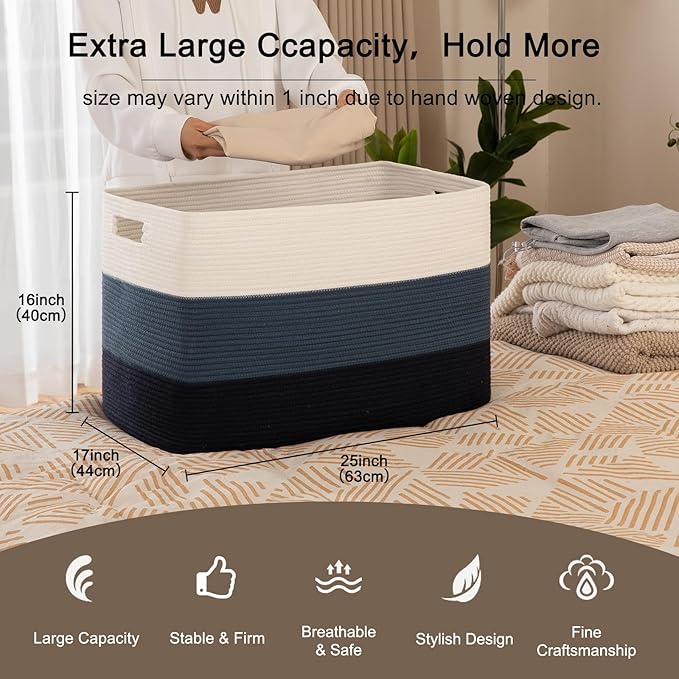 OIAHOMY 118L Extra Large Blanket Basket, Rectangle Woven Cotton Rope Storage Basket,Used for storing Dirty Clothes, Stuffed Animal Toy Storage for Living Room,Kids Room,25" x 17" x 16", Gradient Blue