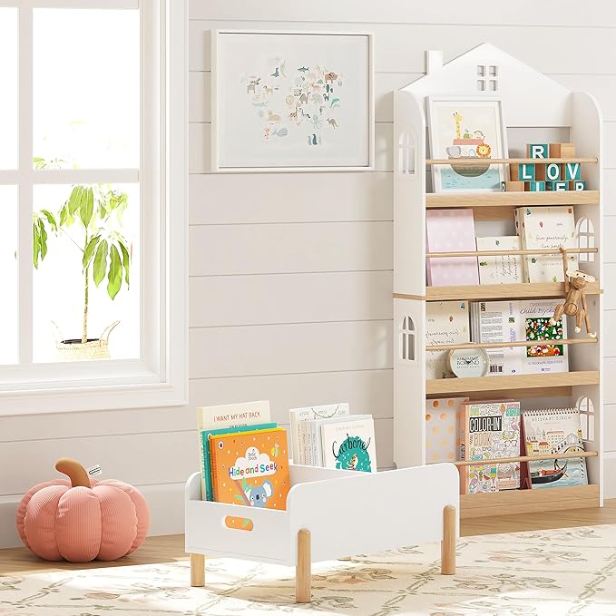 UTEX Montessori Bookshelf for Kids, Wooden Book Shelf for Kids Rooms, Toddler Book Caddy with Adjustable Divider, Floor Book Display, Baby Book Rack for Classroom Nursery