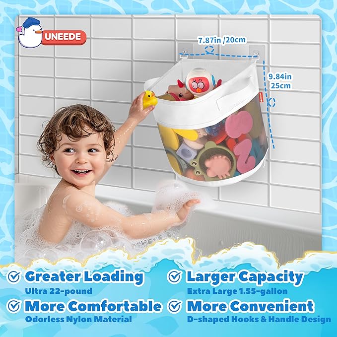 UNEEDE Bath Toy Organizer,1.55 Gallons Bathtub Toy Storage Organizer,Quick Access Bath Toy Holder For Bathtub,Baby Organizer And Storage,Quick Dry Baby Storage For Tub,Mesh Shower Caddy(Gray)