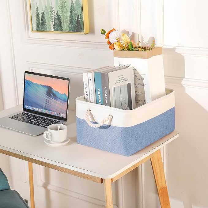 LordCom Storage Bins with Sturdy Cotton Handles(1 Pack), Fabric Storage Baskets for Organizing use for Office & Home, Book, Clothes, Toys, Closet Boxes (Small, Blue-White, 12.2x8.3x6.3 inches)