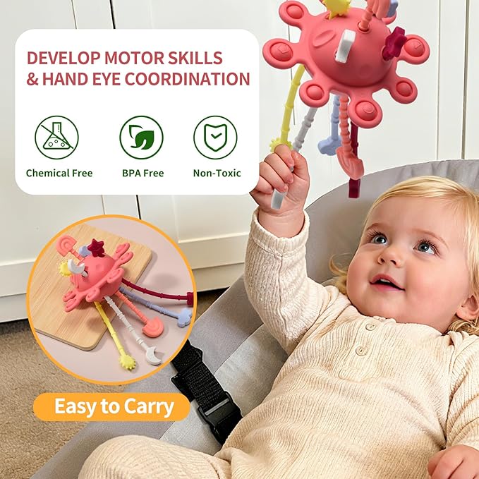 Little Rawr Silicone Baby Sensory Montessori Toys & Pull String Toys for 18 M+, Toddler Birthday Gift Car Seat Airplane Travel Toy for 1 2 Year Old Boy Girl Infant 18+ Months Old (Red)