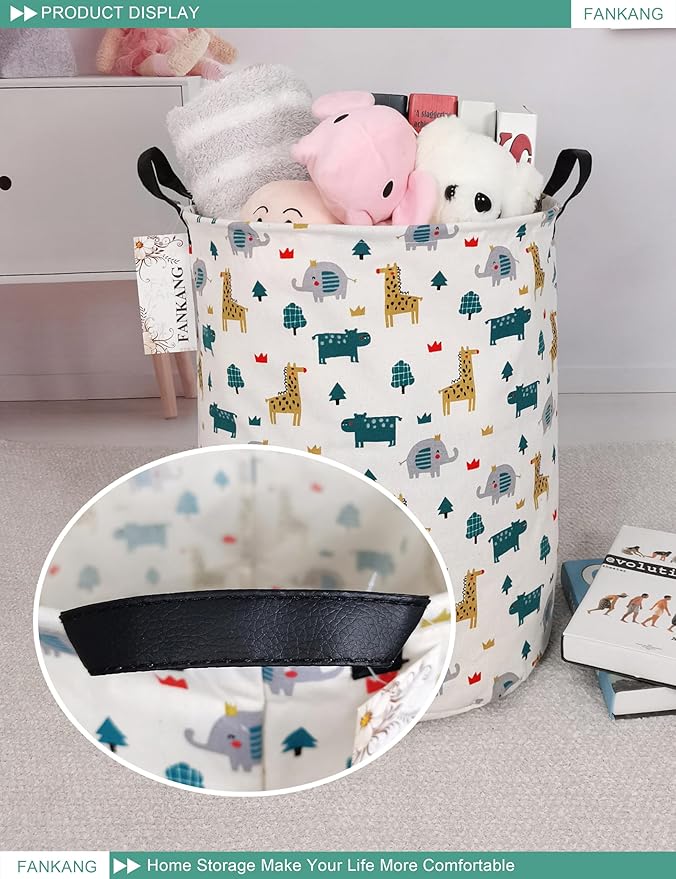 FANKANG Storage Basket, Nursery Hamper Canvas Laundry Basket Foldable with Waterproof PE Coating Large Storage Baskets for Kids Boys and Girls, Office, Bedroom, Clothes,Toys（Froest animals）
