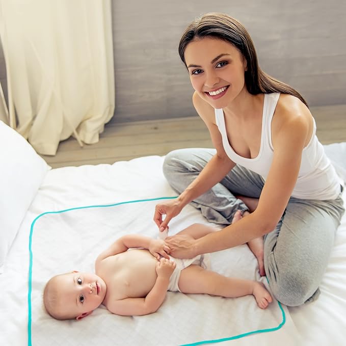 Baby Diaper Changing Mat - 31,5 x 25,5 inch Waterproof Portable Travel Changing Pad - Wipable Liners for Newborn Todlers Kids - Foldable Large Baby Nappy Changer Mat White w/Turquoise Changing mat
