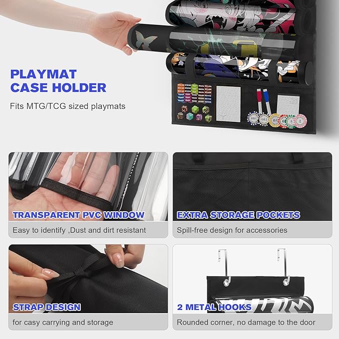 Playmat Tube Storage Bag with 6+1 Slots for MTG, TCG - Hangable Playmat Holder Over The Door,Portable Game Mat Organizer Case with XL Mesh Pockets & 2 Hooks for RPG Card Games