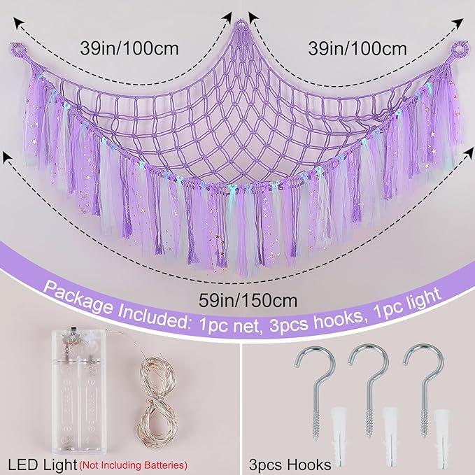 FIOBEE Stuffed Animals Net or Hammock with LED Light, Toy Hammock Hanging Stuffed Animals Storage Organizer Holder Room Décor for Nursery Kids Bedroom