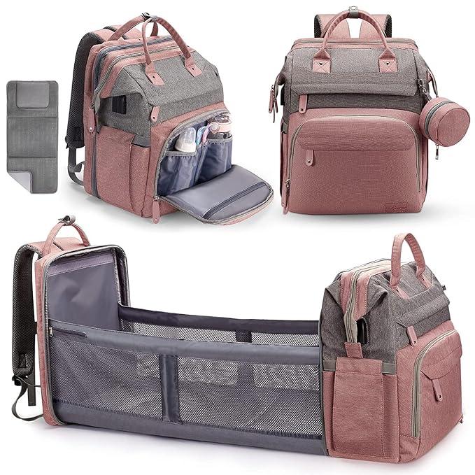 DERJUNSTAR Diaper Bag Backpack – Large Capacity Baby Diaper Bag with Changing Pad for Dad and Mom, Waterproof Travel Backpack, Multi-Function Bag with USB Charging Port, Rose Pink