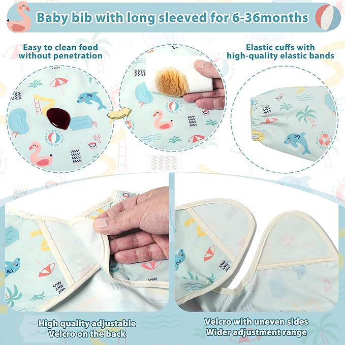Little Dimsum Mess-Proof Baby Bibs|Infant Toddler Long Sleeve Waterproof Feeding Smock|Catching Food & Wipe Clean