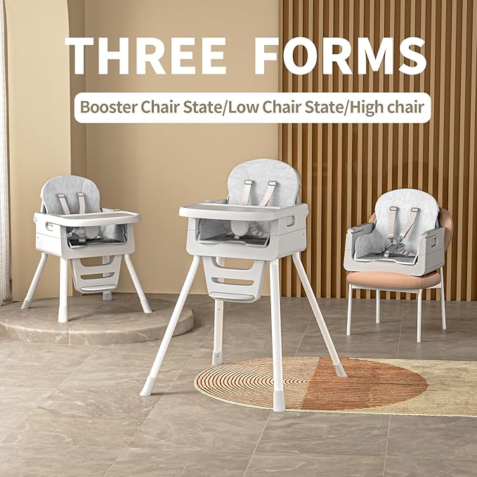 Portable 3 in 1 High Chairs for Babies and Toddlers, Convertible Baby Feeding Chair with Tray, Easy Clean Baby High Chair for Toddler with Foot Rest, Infant Highchairs & Booster Seats with Cush Grey