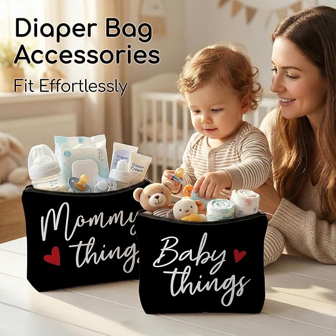 Mommy and Baby Matching Pouch Set, Mommy Things and Baby Things Bags, Gifts for New Moms Expecting Moms, Matching Travel Cases, Black Set of 2