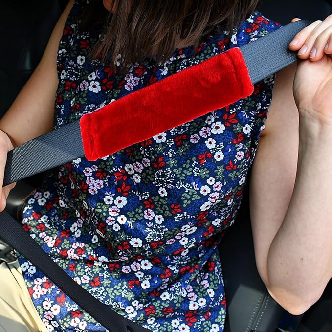 MOONET 2 Packs Car Seatbelt Covers Shoulder Pad for More Comfortable Driving, Universal Seat Belt Cover for Handbag Camera Backpack Straps, Soft Faux Sheepskin Wool Seat Belt Cushion (Red)