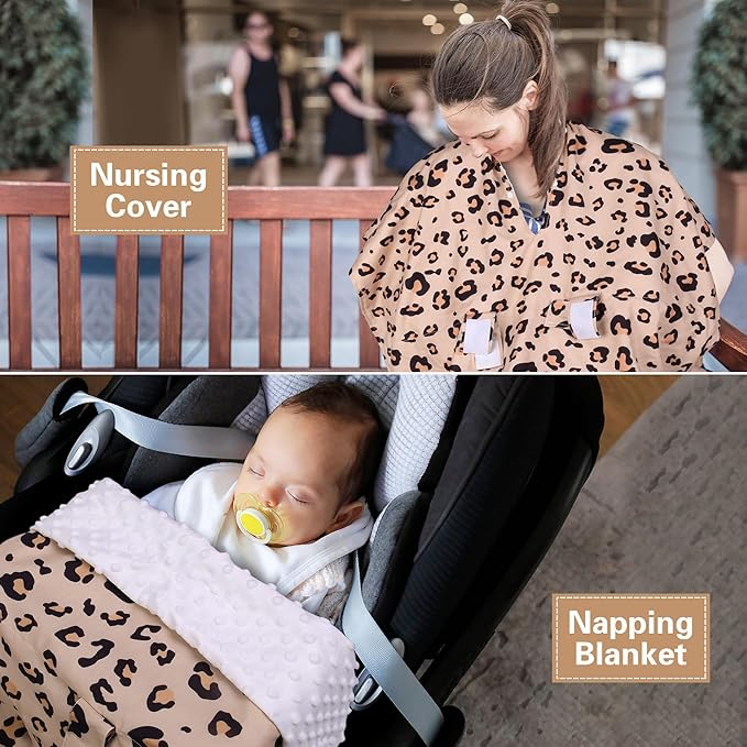Rquite Car Seat Cover Baby, Carseat Covers for Boy Girl, Minky Infant Car Seat Cover Winter, Peekaboo Opening Car Seat Canopy, Multiuse Baby Carrier, Stroller, Nursing Cover, Minky Blanket, Leopard