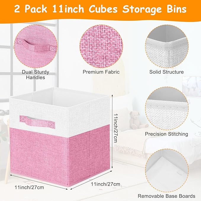 Fiwochic 3 Pack 23" Large Toy Storage Box with 11" Cubes Bins, Collapsible Toy Organizer Chest with Lids for Kids Nursery Playroom Bedroom Living Room Christmas Ornament Storage Box(Pink White)