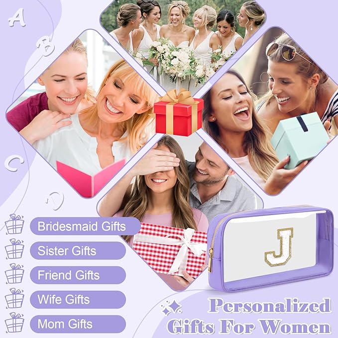 Personalized Initial Letter Clear Makeup Bag,Preppy Small Nylon&PVC Cosmetic Zipper Bag with Chenille Letter,Travel Skincare Toiletry Bag,Monogram Christmas Gift for Teen Girls Women,J