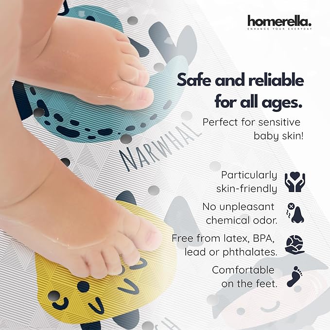 Bath Tub Mat Non Slip Anti Mold for Kids BPA Free INCL Hooks - homerella® Ocean Sea Animals 28x16, Baby Bath Mat Non Slip 200 Suction Cups, Non Toxic Machine Washable Toddler Bath Mat, EU Certified