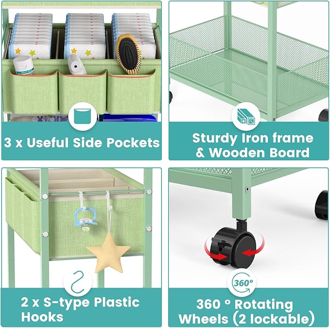 2in1 Baby Diaper Caddy Organizer Cart, 3-Tier Rolling Cart, Metal Diaper Caddy Carts, Bedside Carts for Nursery Essentials Storage, Detachable Dividers, Large Capacity, Green