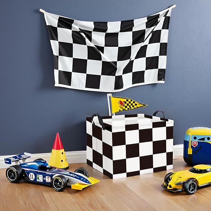 TIBAOLOVER Rectangular Checkered Basket Storage Bin Collapse Storage Basket with Handles for Organizing Home Kitchen Boys and Girls Toys Office Closet Shelf Baskets (Race Flag)