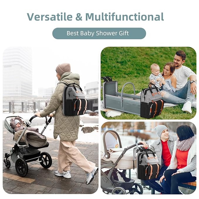ISMGN Diaper Bag Backpack with Changing Station, Large Diaper Bag, Baby Bag, Multifunctional Diaper Bag, GreyBlack