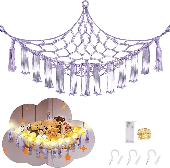 CERETIA Stuffed Animal Hammock with LED Light, Large Stuffed Animals Storage Corner Plushie Net for Kids Room Decor, Jumbo Purple