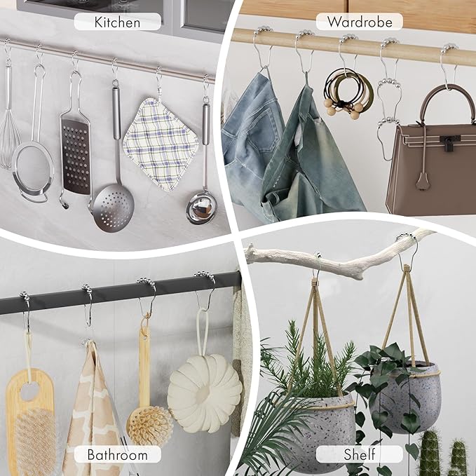 Amazer Shower Curtain Hooks, Decorative Shower Curtain Hooks Rust Proof Stainless Steel Shower Curtain Hooks, Shower Hooks for Shower Curtain Bathroom 12PCS, Polished Chrome