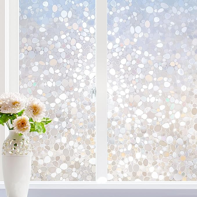 rabbitgoo Window Privacy Film, Decorative Rainbow Window Clings for Glass Covering, Static Cling Non Adhesive Door Stickers UV Blocking, Stained Glass Vinyl Decal, 3D Pebble, 35.4 x 157 inches