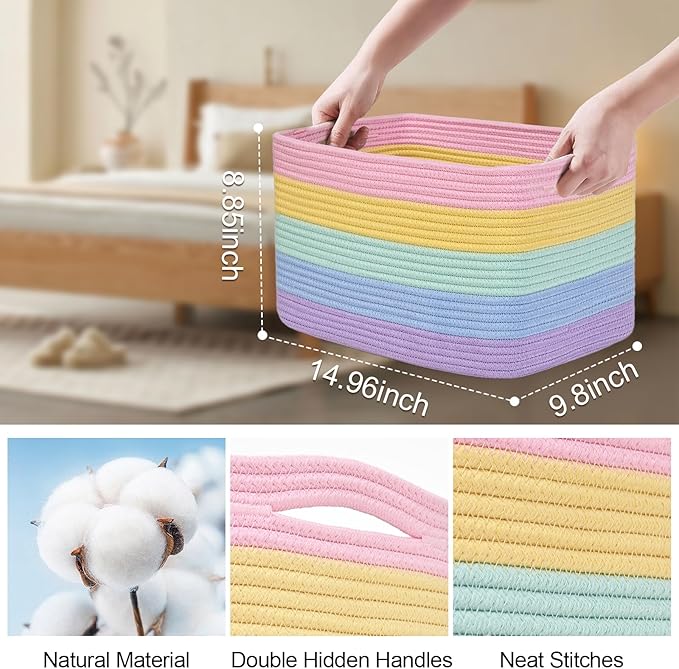 Degeyoyo Woven Storage Baskets, Rainbow Baskets for Organizing, 3 Pack Woven Basket for Storage, Storage Baskets for Shelf, Towel, Toy, Book, Closet, Baby 15"×10"×9"