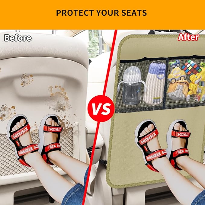 Zecirl 2 Pack Kick Mat Backseat Protector,Back Seat Cover for Kids,Car Seat Back Protectors with 2 Pocket Storage Organizer for Car, SUV, Minivan or Truck Seats (Beige)