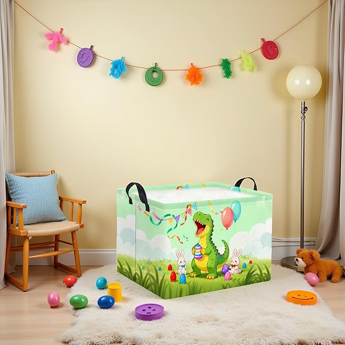 TIBAOLOVER Rectangular Easter Basket for Home Kitchen Baby Girls Basket Cute Storage Bin Organizer Shelf Book Room Decor(Happy Dinosaur)