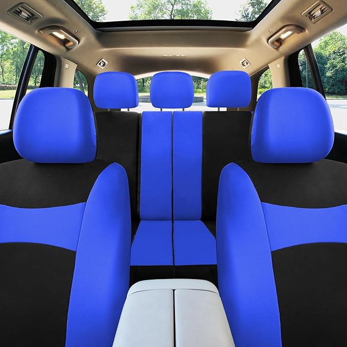FH Group Full Set Cloth Car Seat Covers , Universal Fit Combo Set with Steering Wheel Cover and Seat Belt Pad for Cars, SUVs and Trucks, Blue