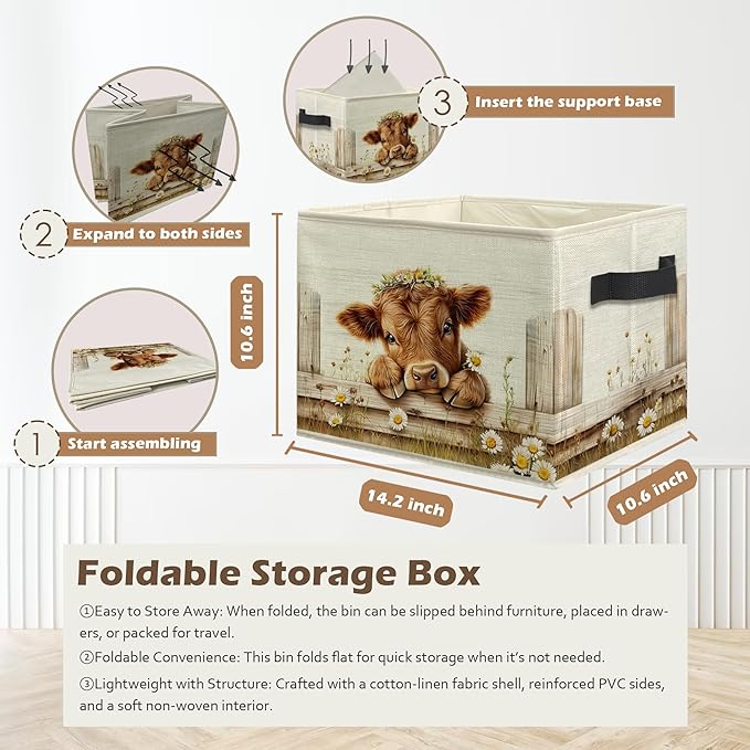 Ghoaoivo Rustic Daisy Floral Highland Cow Storage Box Bins, Highland Cow Gifts Collapsible Storage Basket Organizer for Bedroom Laundry Room Kids Nursery Clothes Toys Books, Toybox for Girls