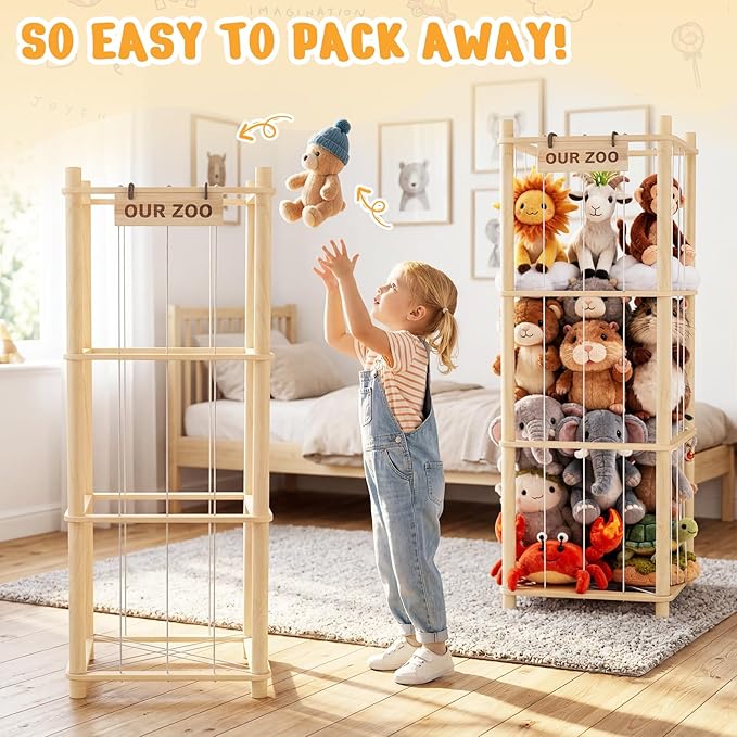 Woodure Stuffed Animal Storage & Organizer, Wooden Cute Zoo Toy Holder for Toddler Rooms, Playrooms & Bedrooms(2pcs)