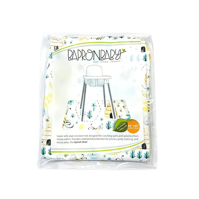 BapronBaby Busy Bees Splash Mat - Waterproof Catch-All for Under High Chairs, Floors, Tables, Playtime or Arts & Crafts - Machine Washable - 45" x 45”