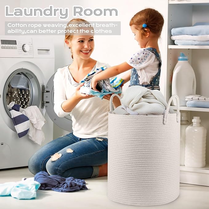 Cotton Rope Laundry Basket Hamper for Girls Kids Baby Nursery Hamper Bin Woven Storage Basket for Living Room cute laundry basket Tall Laundry Basket for Blanket Toy storage bin&box(White)