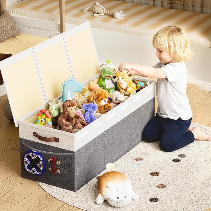 Dayacoco Extra Large Toy Box Chest with Lids, Collapsible Sturdy Kids Toy Storage Organizer Boxes for Boys Girls, Collapsible Sturdy Toys Chest Storage Organizer Bin Basket,40"X14"X16", Gray & White
