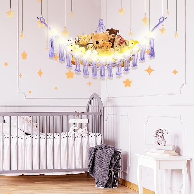 CERETIA Stuffed Animal Hammock with LED Light, Large Stuffed Animals Storage Corner Plushie Net for Kids Room Decor, Jumbo Purple