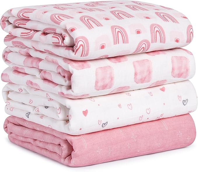 Muslin Swaddle Blankets for Newborn, 4 Pack Cotton Baby Blanket, Large 31.5 x 43.3 Breathable Soft Receiving Blankets Girl, Essentials Swaddle Wrap Burping Clothes, Pink Rainbow