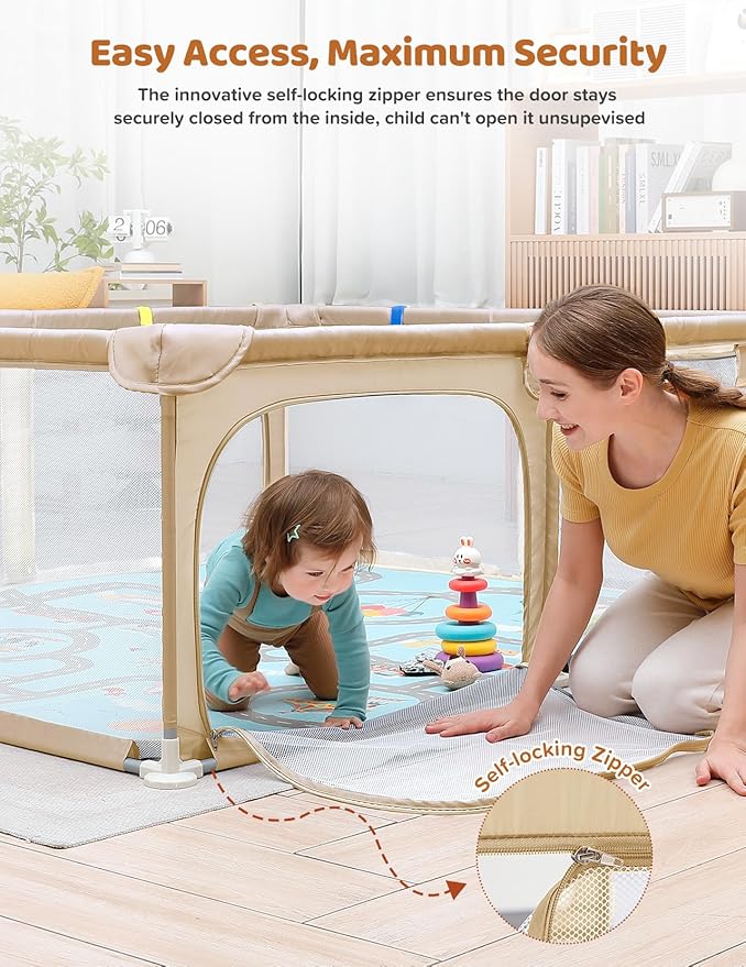 Dripex Baby Playpen with Mat, 47"x47" Play Pen for Toddlers 1-3 Years, Soft Breathable Visible Mesh, Indoor/Outdoor Portable Play Yard with Mat, Safe Baby Fence Play Area, Beige