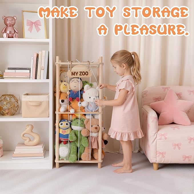 LAMU Stuffed Animal Storage Zoo, Wooden Stuffed Animals Organizer & Holder for Kids with Elastic Cords, Space Saving Plushies Toy Organizer, Easy to Setup Plush Toy Cage for Playroom Bedroom Nursery