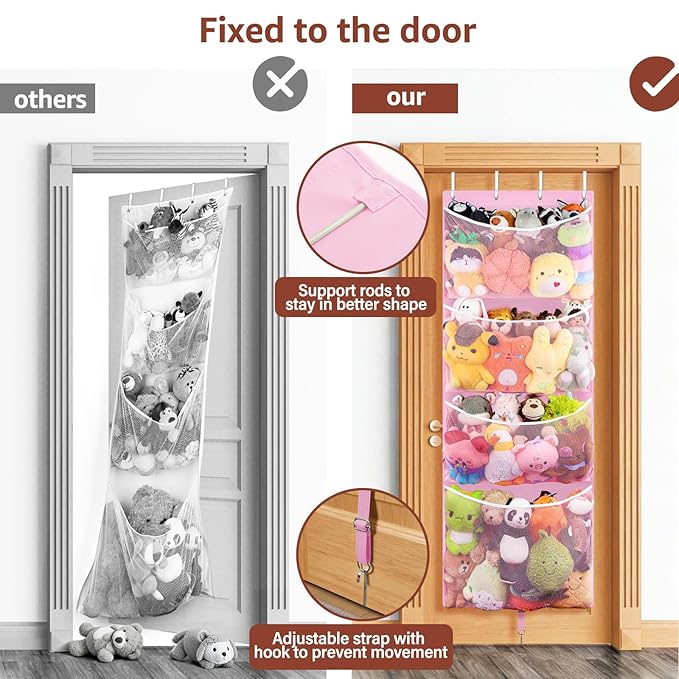 Woodoulogy Hanging Stuffed Animal Storage, Over Door Large Plush Toy Organizer with Metal Hook, Baby Accessory Holder Idea for Nursery, Doll & Bear Mesh Hammock Bag for Girl Boy Kid Room