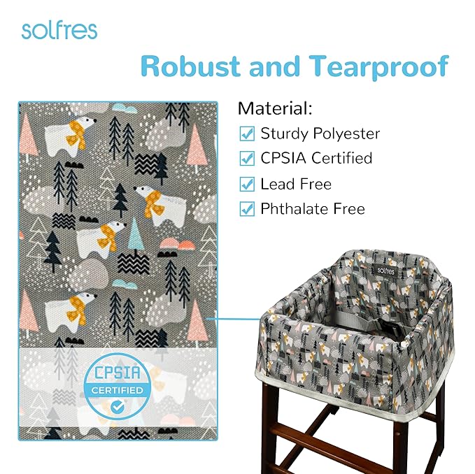 Dual-Belt Baby High Chair Cover, Upgrade Version, for Wooden or Restaurant High Chair, Sturdy and Robust Material, Waterproof Washable Stain and Slip Resistant, Gray Polar Bear