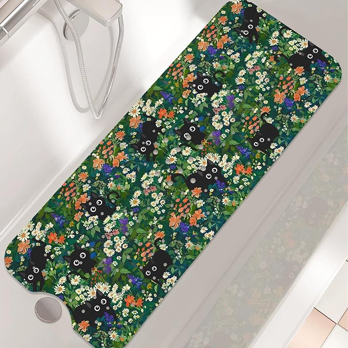 Non Slip Bathtub Mat,Cat Bath Mat for Tub, Extra Long Bathtub Mat Shower Mat with Suction Cups and Drain Holes for Elderly Kids Toddler Baby 40 X 16 Inch