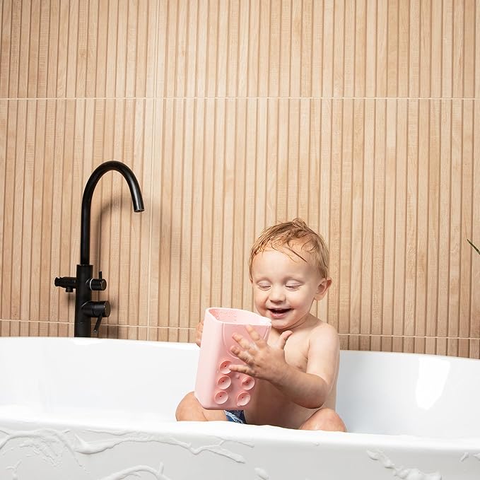 Rinzee® Baby Bath Cup with Suctions - BPA Free, 100% Food Grade Silicone Rinse Cup, Clutter-Free Tub Area, Kids Learning Tool, Sticks to Tiles, Drains Water Upside Down-patent pending