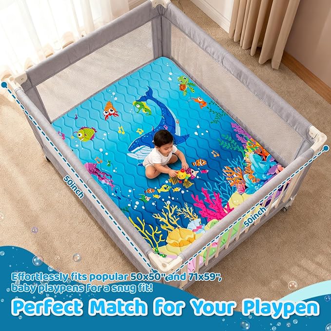 Baby Play Mat for Floor, 71'' x 59'' Thicken Foam Soft Padded Mat for Baby, Playpen Mat for Toddlers Infant Kids, Machine Washable, Non-Slip Bottom Safe for Crawling (Sea)